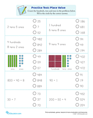 Printable place value assessment for second grade math students Second grade place value test worksheet focusing on hundreds tens and ones