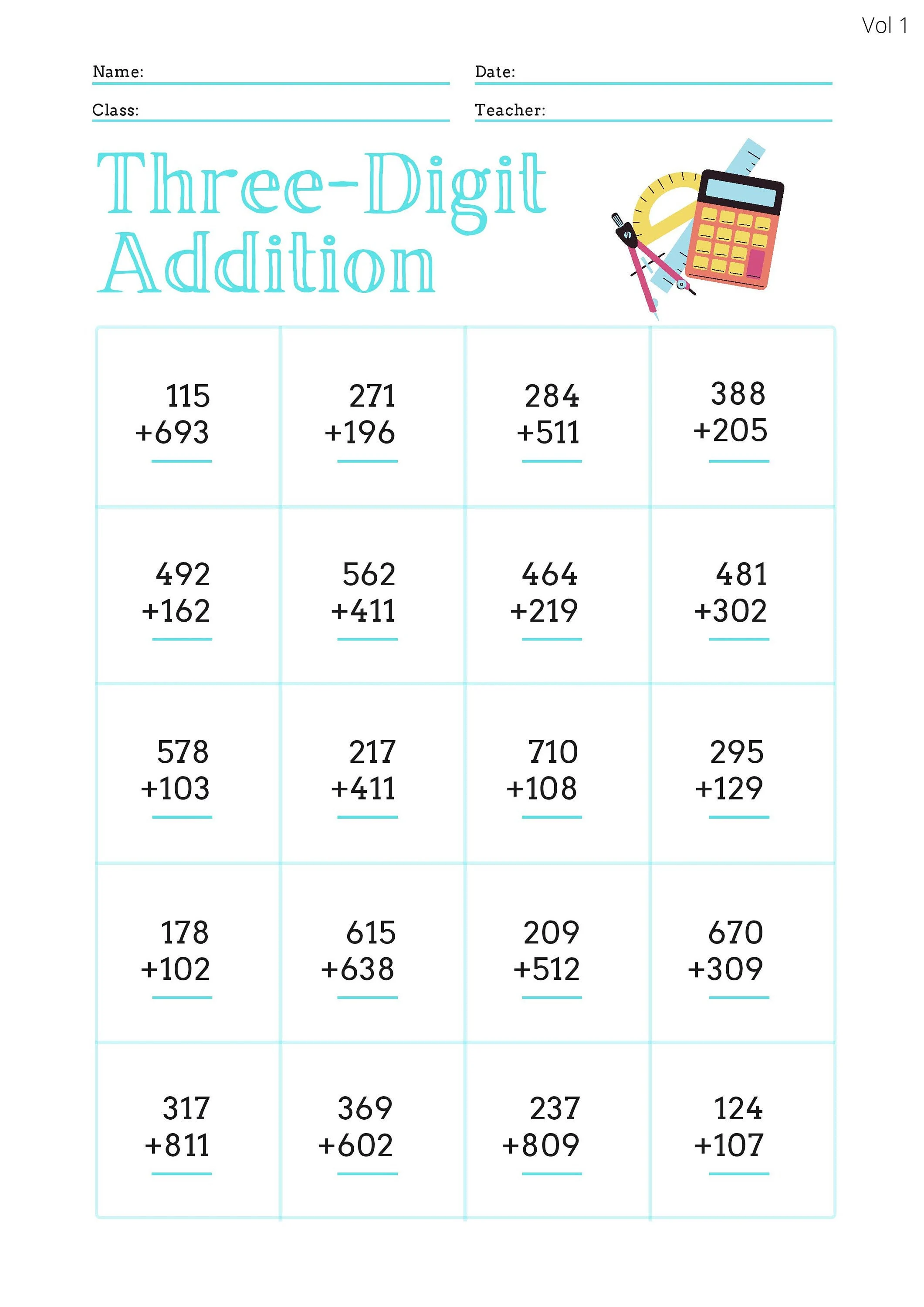Math Notes: Three-Digit Addition Worksheet Image 14 Three-digit addition problems for second grade students practicing place value with whole numbers and no regrouping