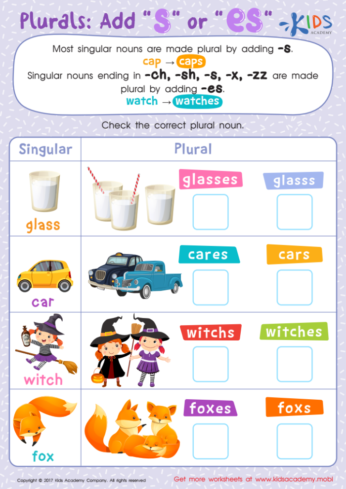 Second grade grammar worksheet focusing on forming plurals by adding s or es to singular nouns