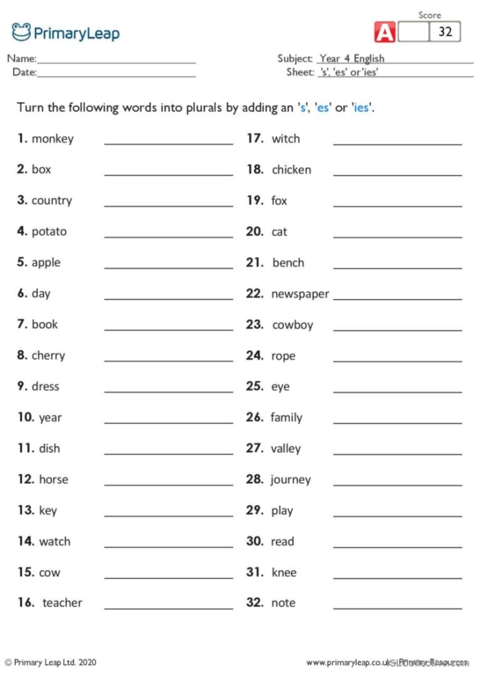 Second grade worksheet showing singular nouns with practice exercises for adding s or es to form plural words