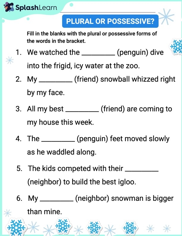 Great Grammar Plural Possessive Nouns Practice Exercise 7 Students practice writing plural possessive nouns by adding apostrophes to existing plural words in this third grade grammar worksheet