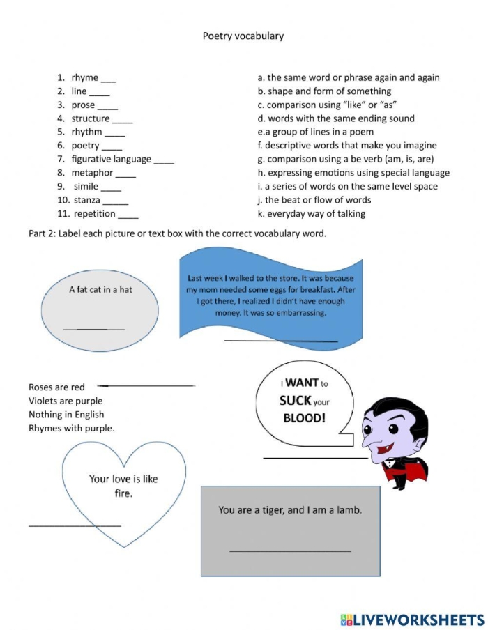 Engaging worksheet to help third graders learn basic poetry terms Poetry vocabulary diagram worksheet for third graders to enhance their understanding