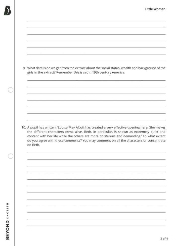 Seventh grade worksheet for analyzing point of view in Little Women excerpt 17