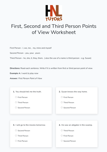 Point of View worksheet for fourth graders focusing on literacy skills