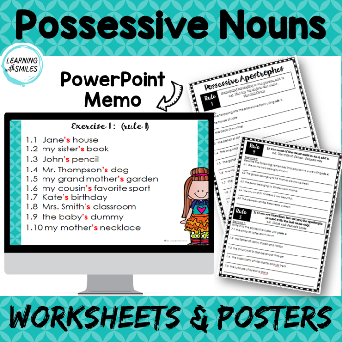 Third grade possessive apostrophe worksheet example showing correct placement in singular and plural nouns like womens hats