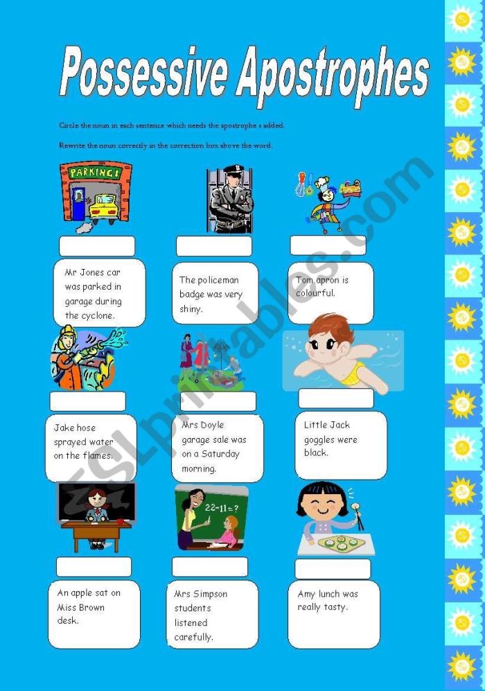 Third grade possessive apostrophe worksheet demonstrating correct placement with examples like women's hats versus womens' hats