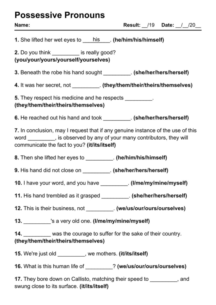 Worksheet focused on possessive pronouns for third graders to enhance their grammar skills. Educational resource for students to practice great grammar concepts.