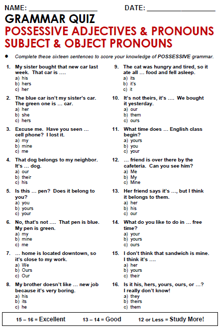 Worksheet featuring possessive pronouns designed for third graders to enhance their grammar skills. Great Grammar: Possessive Pronouns worksheet for third grade students.