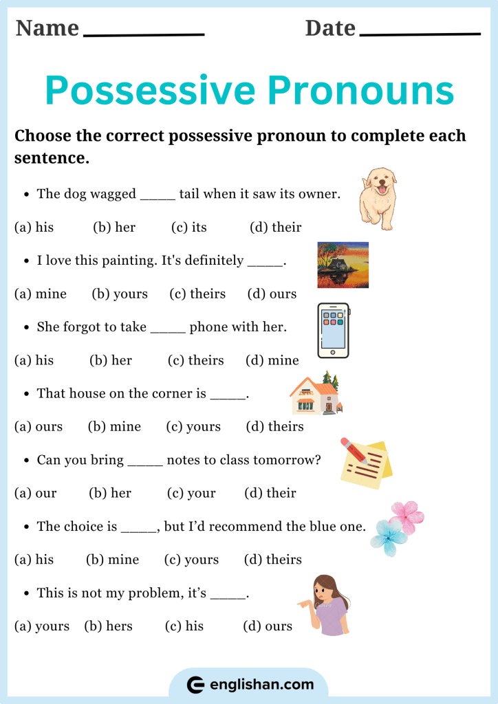 Third grade students practicing possessive pronouns on a geometry themed grammar worksheet