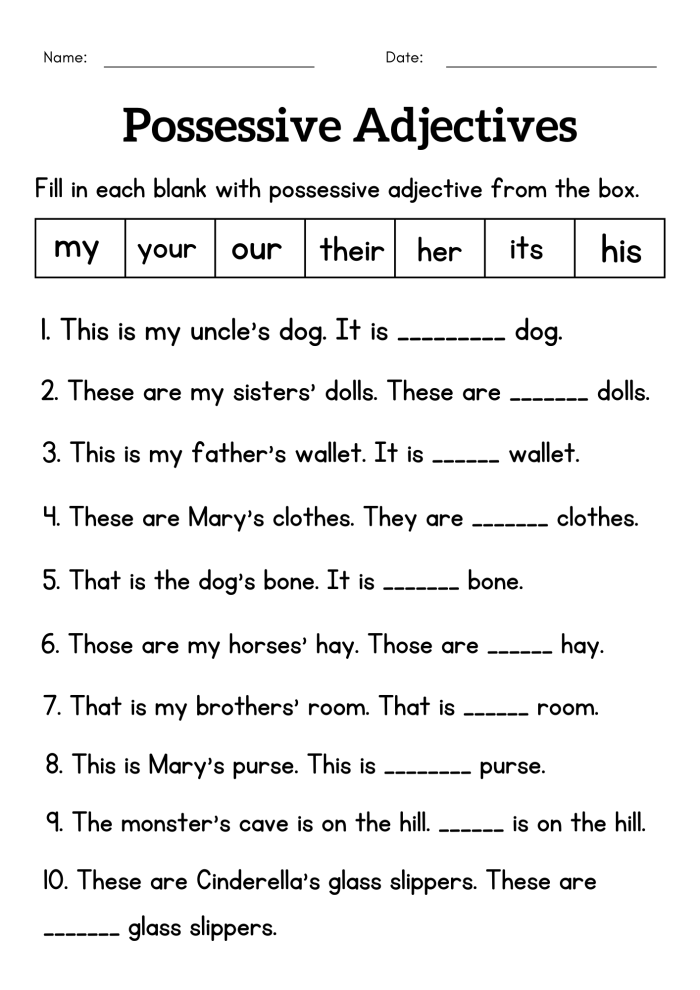 Third grade student completing a possessive pronouns grammar worksheet