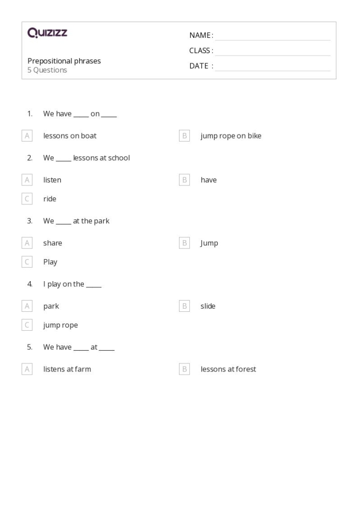 Its Grammar Time Prepositional Phrases 1 worksheet for third grade reading practice Third grade student filling out a worksheet about choosing the correct prepositional phrase