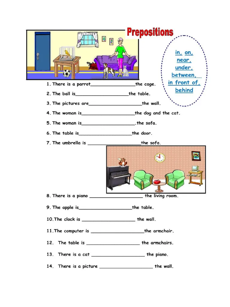 First grade writing worksheet featuring ten fill-in-the-blank multiple choice preposition sentence examples