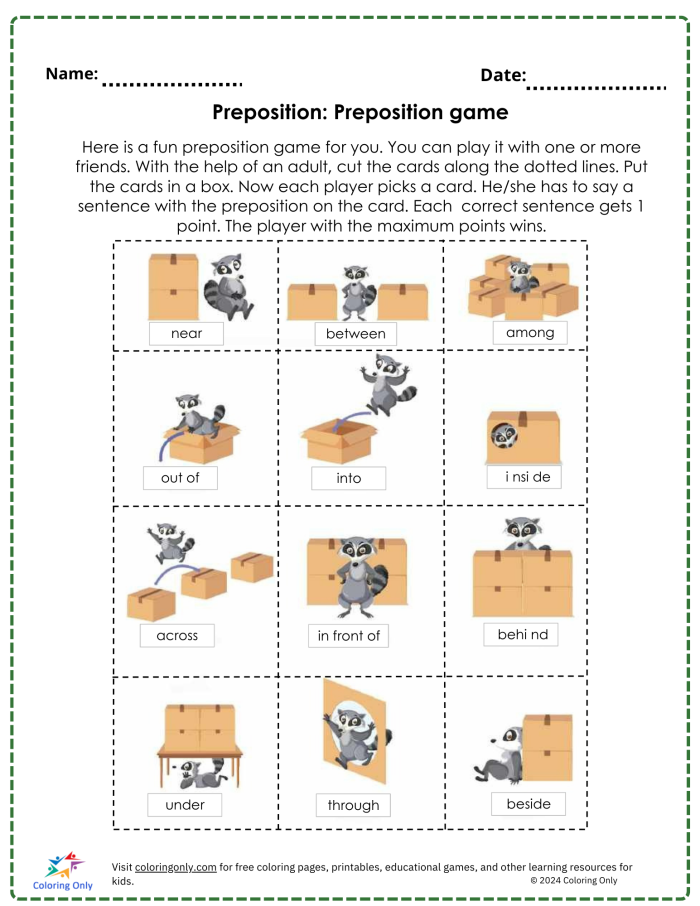 First grade student worksheet for practicing prepositions with a word bank and eight fill in the blank sentences