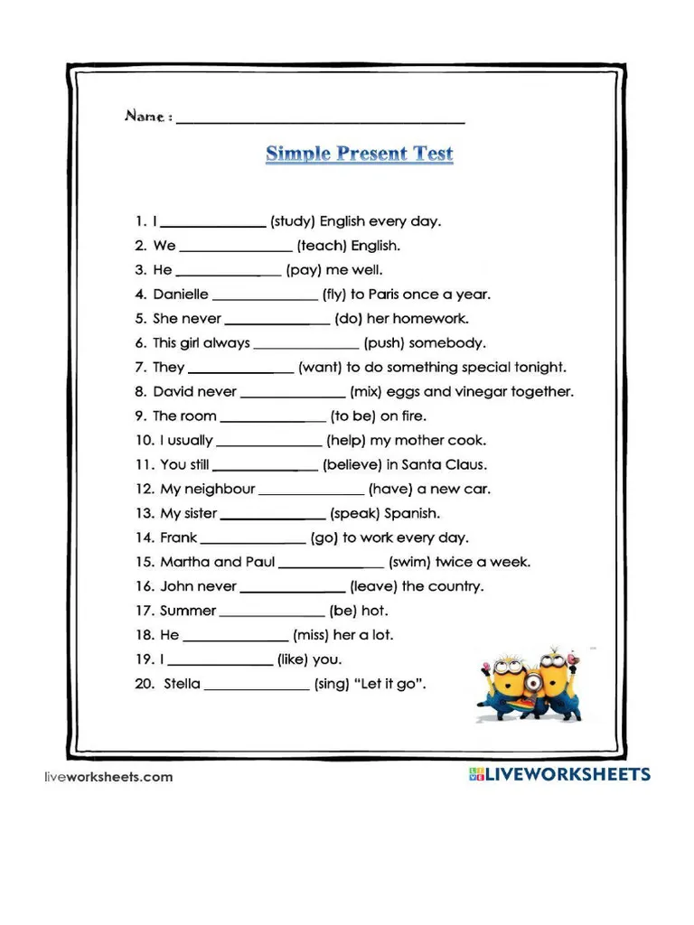 Second grade students completing a grammar worksheet on third person singular present tense verb endings