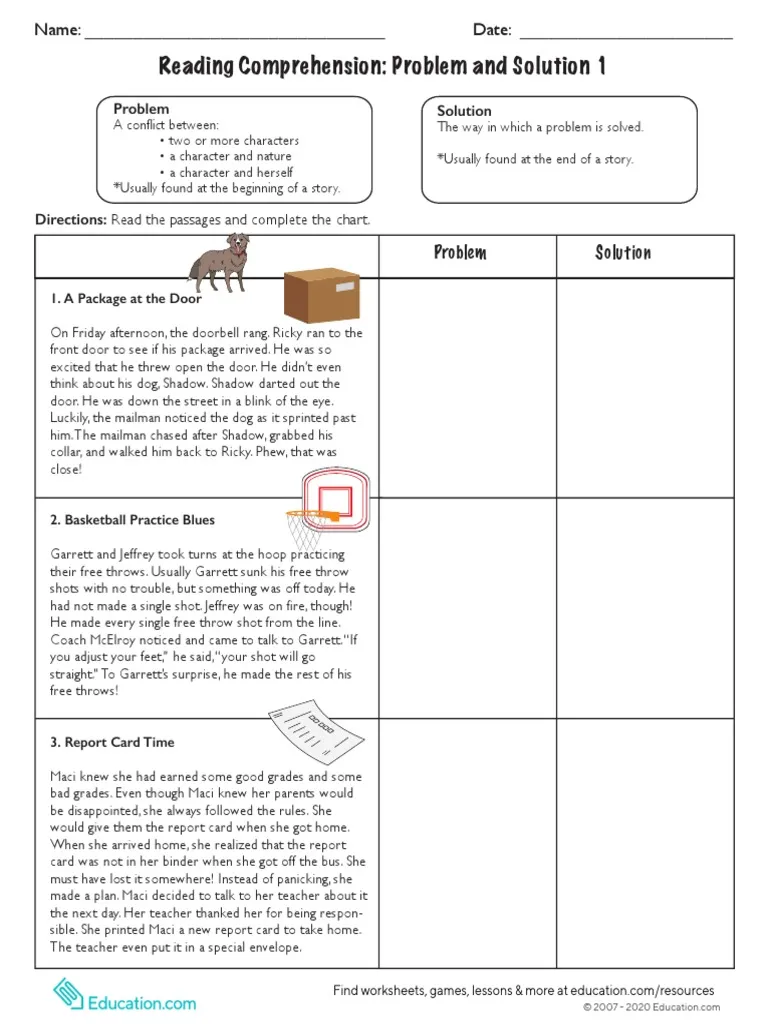 Third grade reading comprehension worksheet focused on identifying problems and solutions within geography texts