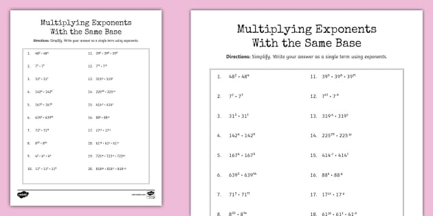 Worksheet for practicing properties of exponents for eighth-grade students