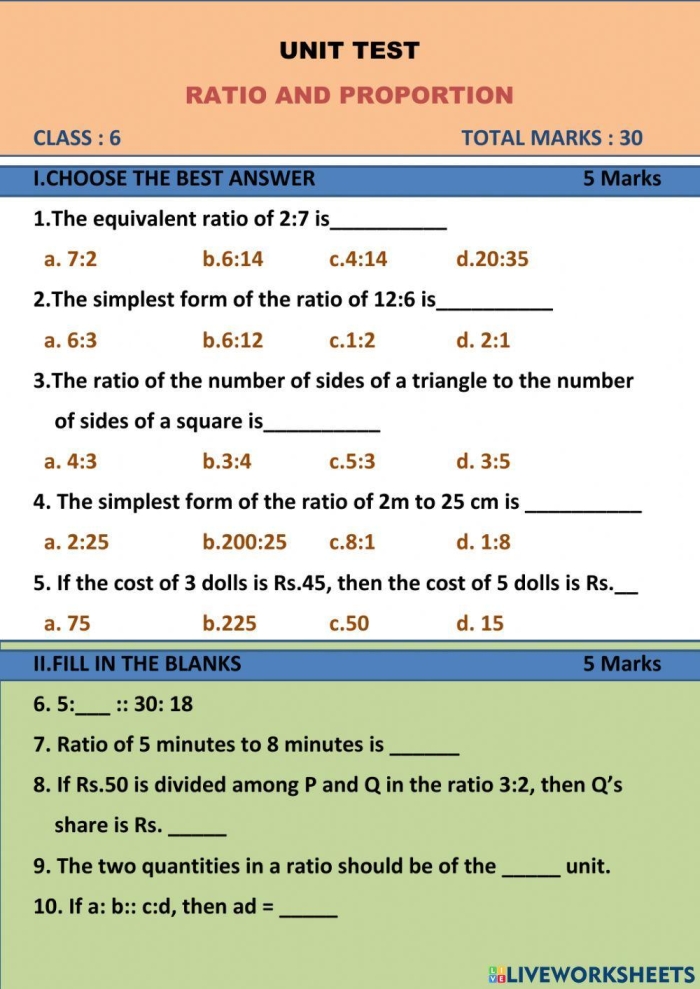 Sixth grade math worksheet for identifying if ratios form a proportion