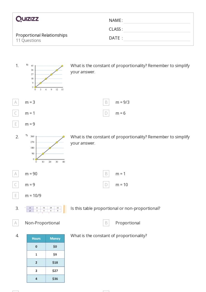 A seventh grade math worksheet showing a table with two columns of quantities where students write ratios to determine if the relationship is proportional