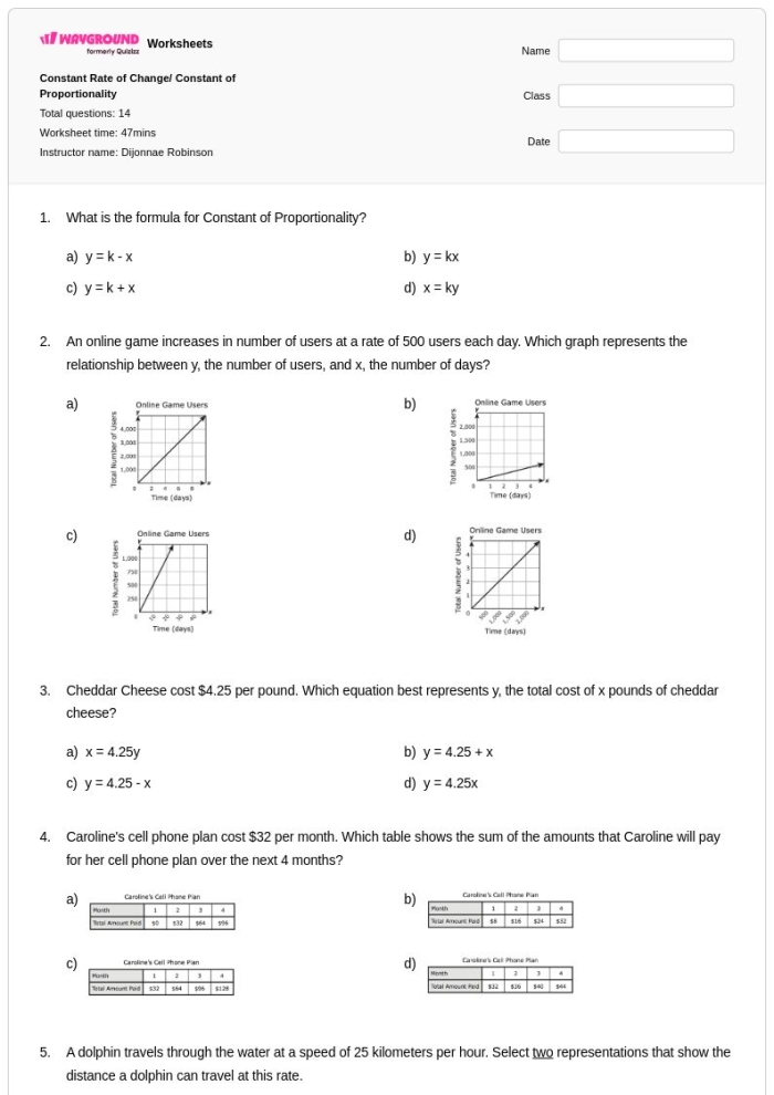 Seventh grade math worksheet featuring problems on finding the constant of proportionality from tables graphs and equations