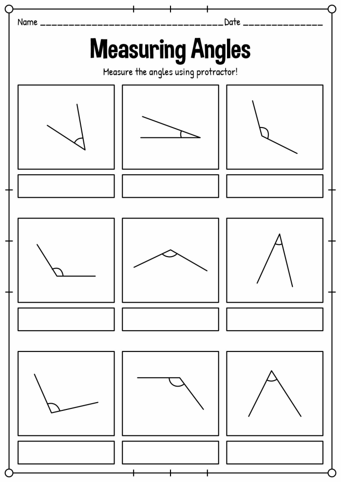 Measuring angles with a protractor in a fourth-grade geometry worksheet