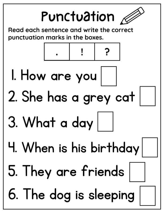 First grade Earth and Space Science worksheet for practicing proper punctuation marks