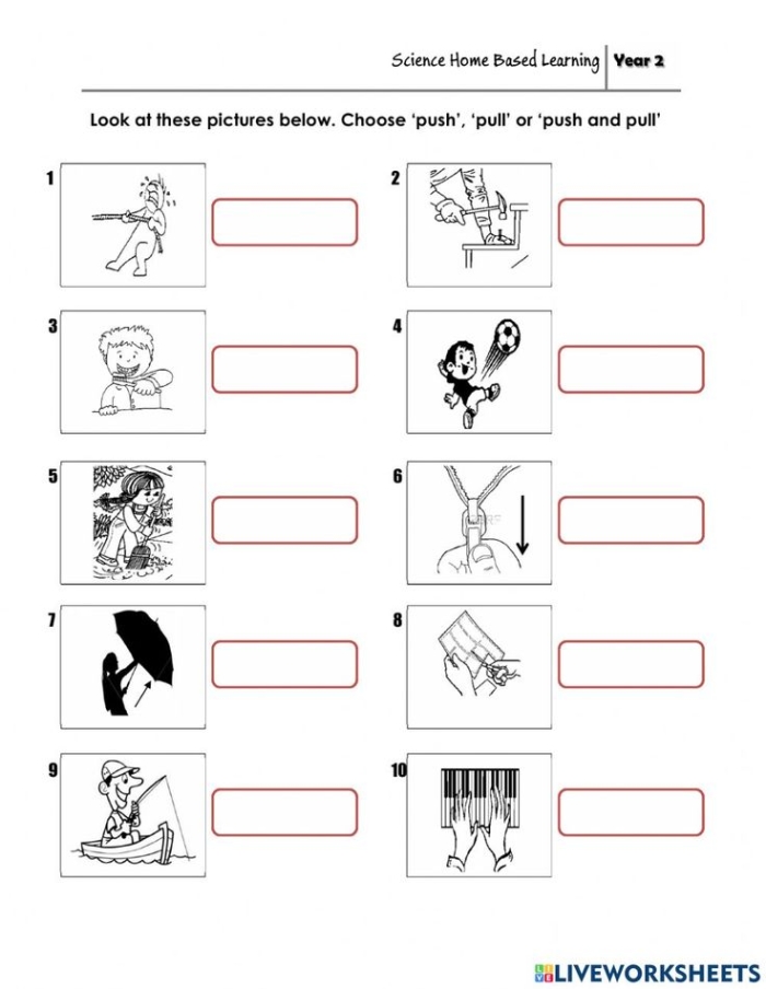 Kindergarten science worksheet for identifying different types of pushes and pulls