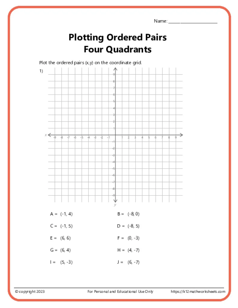 Sixth grade math worksheet featuring coordinate plane practice with four quadrants and fractional coordinates