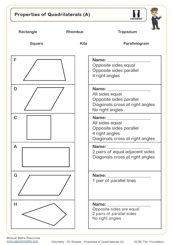 Worksheet image featuring a geometry activity on finding missing angles in quadrilaterals