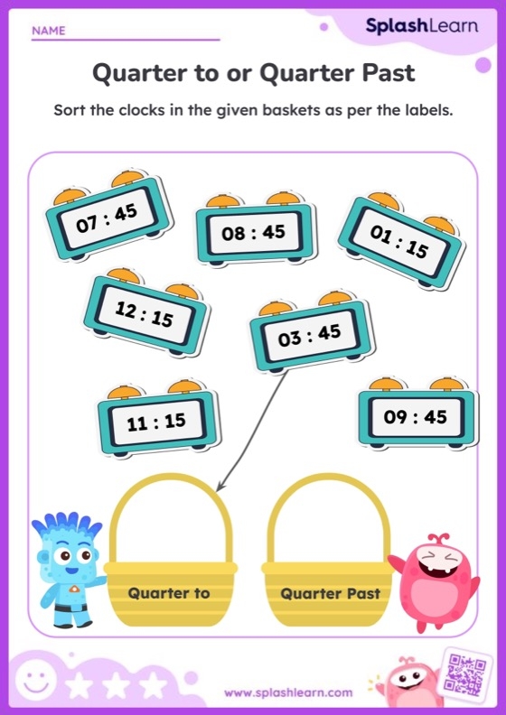 Second grade math worksheet featuring clock faces to help students practice telling time to the quarter hour