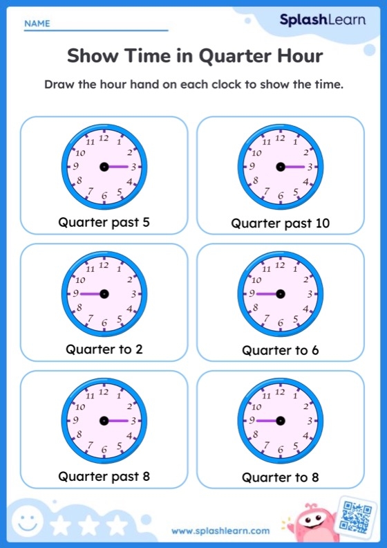 Second grade student practicing telling time to the quarter hour on an educational worksheet