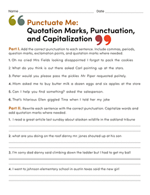 Punctuate Me worksheet focusing on quotation marks, punctuation, and capitalization for fourth graders