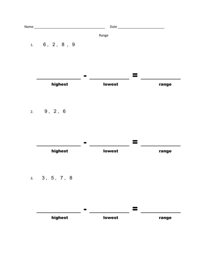 Finding the Range Math Worksheet for Middle School Data Analysis Practice Sixth grade students solving range problems with number sets on a math worksheet