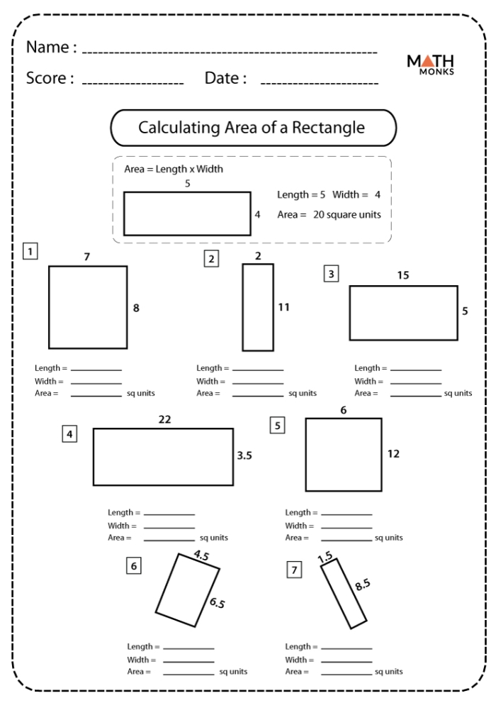 Fourth grade math worksheet featuring geometry problems about calculating the area of rectangles
