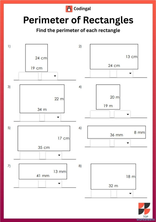 Find the Rectangles Perimeter Worksheet for Grade 4 Students 7 Fourth grade geometry worksheet featuring exercises to calculate the perimeter of various rectangles