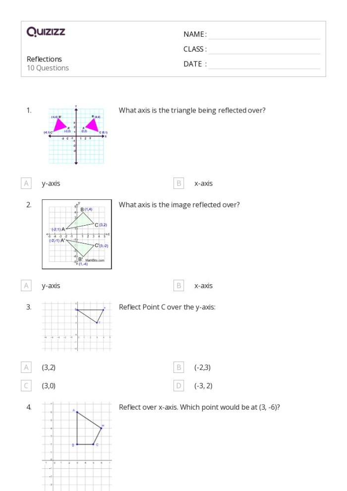 Worksheet image illustrating the concept of reflections for eighth-grade students Eighth-grade geometry worksheet on describing reflections in the coordinate plane