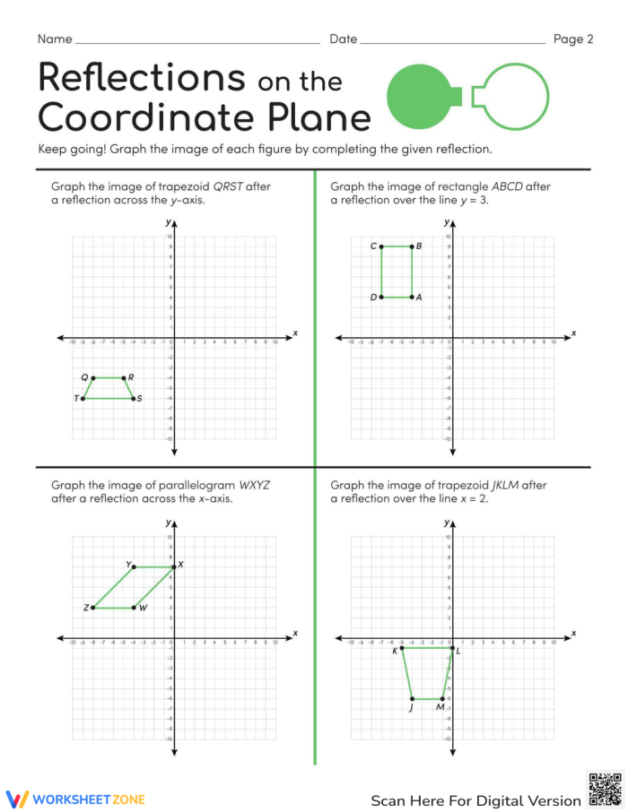 Eighth grade geometry handout showing various reflection exercises on a coordinate plane