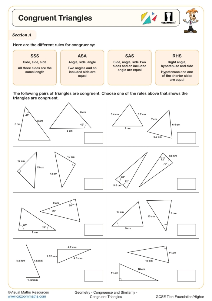Colorful fourth grade geometry worksheet showing various triangles with one corner marked to help students identify right triangles