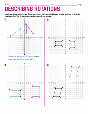 Describing Rotations Geometry Worksheet Page Two Eighth grade geometry worksheet featuring coordinate plane rotation problems