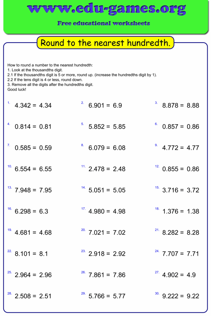 Rounding Decimals Practice Activity for Elementary Math Learners Fifth grade math worksheet showing decimal rounding exercises with comparison problems for students to complete