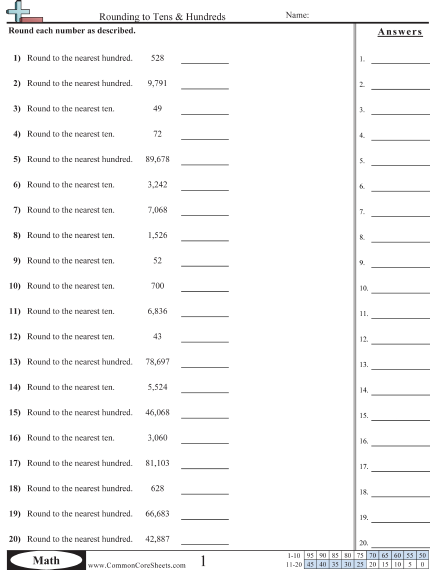 Rounding to Nearest Ten Hundred and Thousand Practice Sheet for Elementary Students Third grade math worksheet showing rounding exercises for tens, hundreds, and thousands place values with practice problems