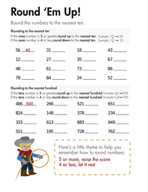 Third grade math worksheet featuring rounding exercises to the nearest ten and hundred