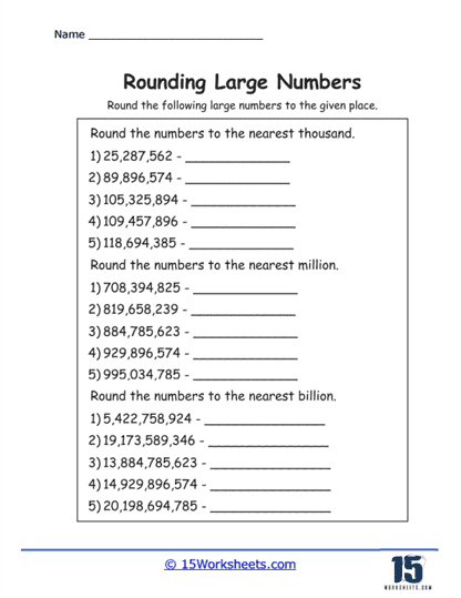 Worksheet featuring rounding exercises for third graders focused on rounding to the nearest ten and hundred