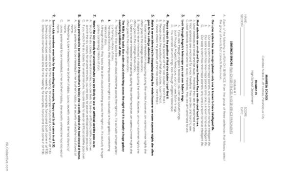 Fourth grade student using a pencil to fix run-on sentences in a geography-themed grammar worksheet