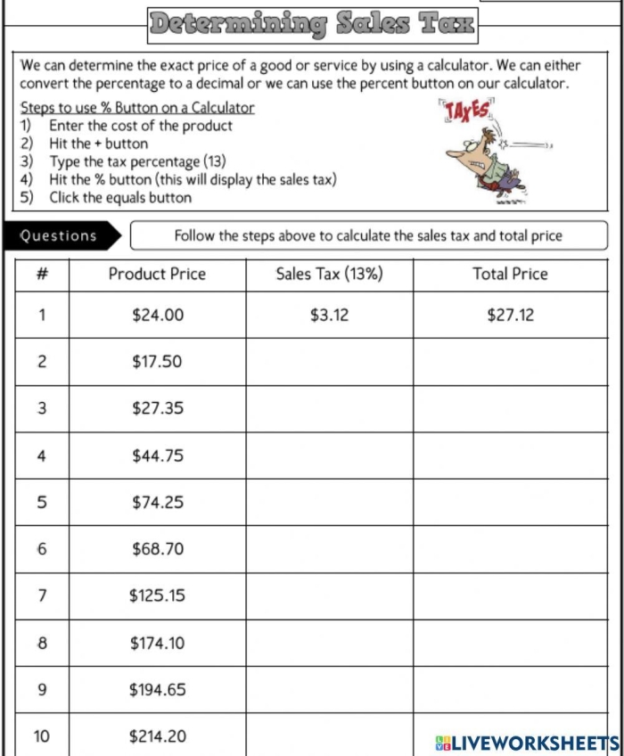 Calculating Sales Tax Worksheet Number 15 Practice for Seventh Grade Students Seventh grade students learning how to calculate sales tax on baseball game snack prices using a math worksheet