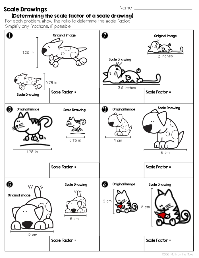 A seventh grade math student solving for actual lengths using a scale drawing worksheet