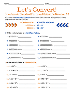 Converting between scientific notation and standard form exercise for place value skills Eighth grade students matching scientific notation to standard form numbers on a practice worksheet