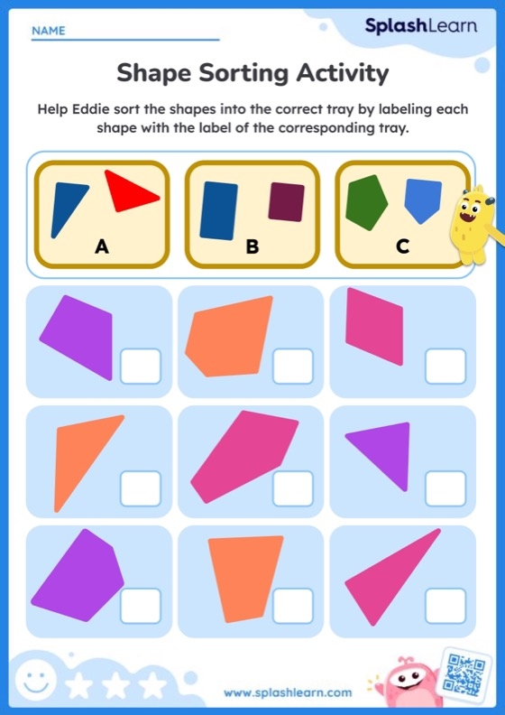 Third grade geometry worksheet showing various polygons for students to sort and categorize by their properties and characteristics