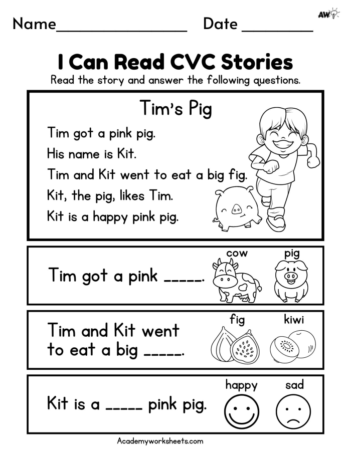 Kindergarten student completing a worksheet with short A CVC words like cat and bat