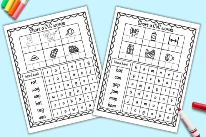 Worksheet featuring short A CVC words with playful illustrations of cats, bats, and hats