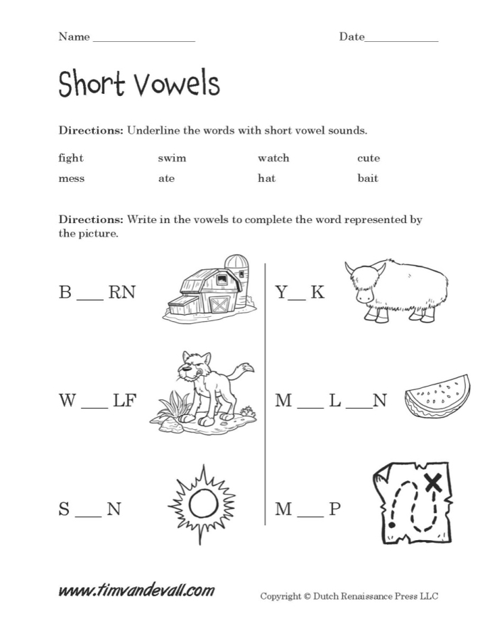 Kindergarten student practicing short vowel sounds by filling in missing letters on a worksheet